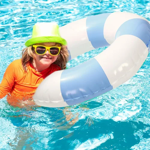 Miniatura 7 de Whaline Flotador inflable de natación de 4 piezas, anillo de natación a rayas, divertido estampado para piscina, tumbona, tubo para verano, Azul