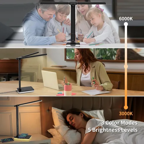 Miniatura 3 de Lámpara de escritorio LED para oficina en casa, puerto de carga USB, luz de escritorio de lectura con 5 temperaturas de color, atenuación continua