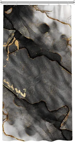 Miniatura 4 de Cortina de ducha de mármol blanco y negro de 36 x 72 pulgadas, tinta de pintura abstracta, textura de arte líquido, líneas agrietadas doradas