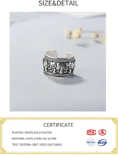 Miniatura 5 de Anillo de plata de ley 925 con elefante, anillo ajustable para mujer, color blanco, Plata