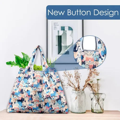 Miniatura 7 de Kingmas - Bolsas reutilizables para alimentos, plegables, ecológicas, aptas para el bolsillo, lavables, impermeables, de nailon, bolsas con asa Gato