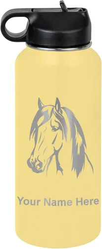 Miniatura 59 de LaserGram Botella de agua personalizada, cabeza de caballo 1, acero inoxidable de doble pared aislada al vacío con popote superior, regalo grabado