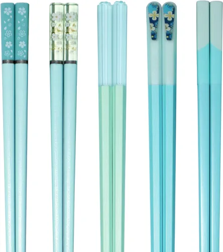 5 pares de palillos reutilizables de fibra de vidrio azul y verde, palillos japoneses, coreanos, chinos, antideslizantes, aptos para lavavajillas,