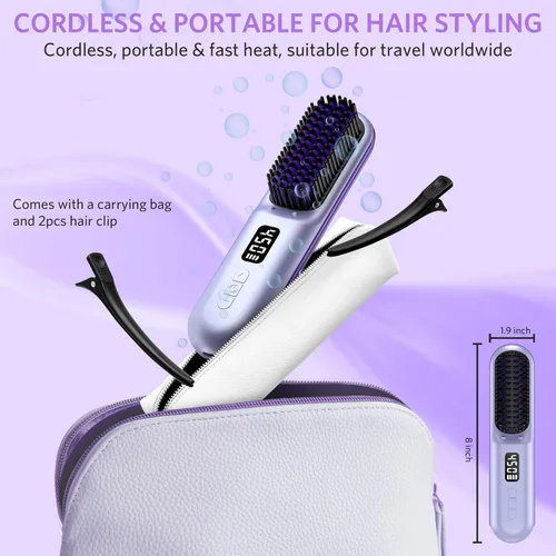 Miniatura 6 de Cepillo alisador de pelo inalámbrico, mini cepillo portátil con calefacción para mujeres, 9600 mAh USB-C recargable, alisador ligero antiquemaduras