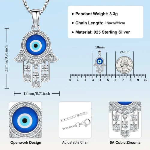 Miniatura 67 de Aniu Joyería de plata de ley 925 Hamsa de Fátima para mujer con circonita cúbica, viene con caja de regalo negra