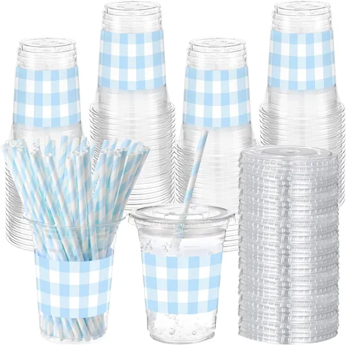 Miniatura 20 de Sliner 50 juegos de vasos de plástico a cuadros de 16 onzas con tapas y pajitas de papel, vasos desechables transparentes para fiesta de autos