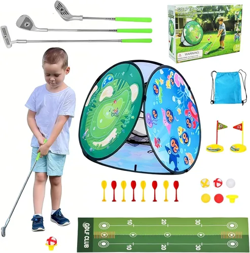 AOSITE - Juego de golf 5 en 1 para niños pequeños, juguetes pegajosos para juegos de golf con 3 palos de golf y tapete de putt, red de astillado de