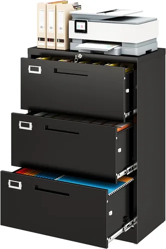 Miniatura 30 de Archivador de metal con 2 cajones con cerradura, gabinete archivador con soporte para impresora móvil y estantes para archivos de tamaño Negro