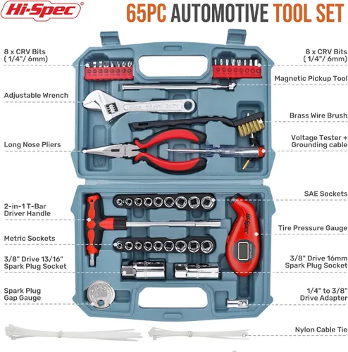 Miniatura 2 de Hi-Spec - Juego de herramientas compacto de 65 piezas para taller automotriz con medidor digital de presión de neumáticos. Herramientas esenciales