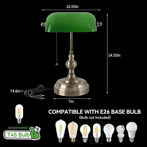 Miniatura 7 de Lámpara de escritorio de banquero de cristal verde, lámparas de escritorio antiguas con puerto de carga USB, lámpara tradicional de biblioteca