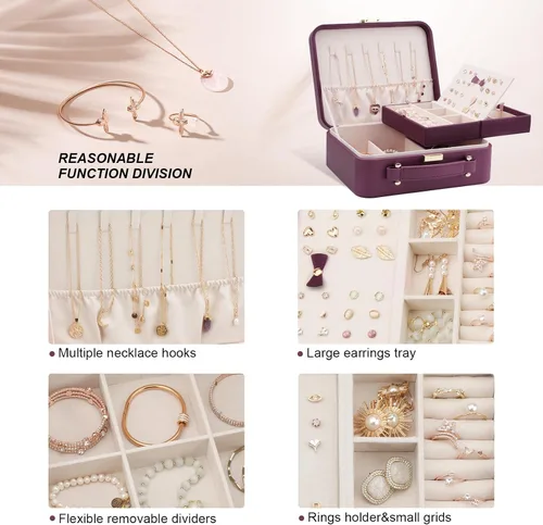 Miniatura 4 de V-LAFUY Organizador de joyas de viaje, organizador de joyas de viaje grande, joyero de viaje y estuche portátil para joyas de viaje, rojo burdeos