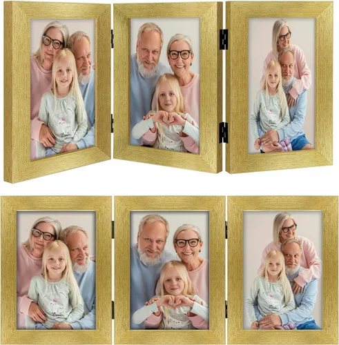 Miniatura 42 de Frametory, 3 Marcos de Fotos 4x6 Marcos de Fotos Trípticos Collage - Cristal Real - Triple Plegable (Gris, 1 Paquete)