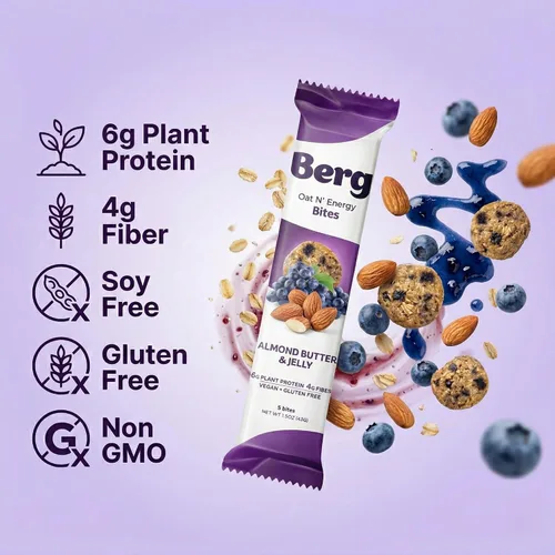 Miniatura 3 de Berg Bites Bocaditos de mantequilla de almendras y gelatina a base de plantas, vegano, sin gluten, 0.18 onzas de proteína, 0.18 onzas de fibra, caja