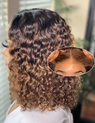 Peluca de 12 pulgadas con mechas rubias, lista para usar y sin pegamento, rizada. Peluca de estilo Bob con encaje frontal HD pre cortada, hecha con