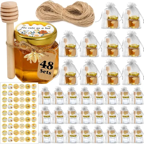 Aliggbent Paquete de 48 mini tarros de miel para fiestas a granel, tarros de miel pequeños hexagonales de vidrio de 1.5 onzas con varitas de miel,
