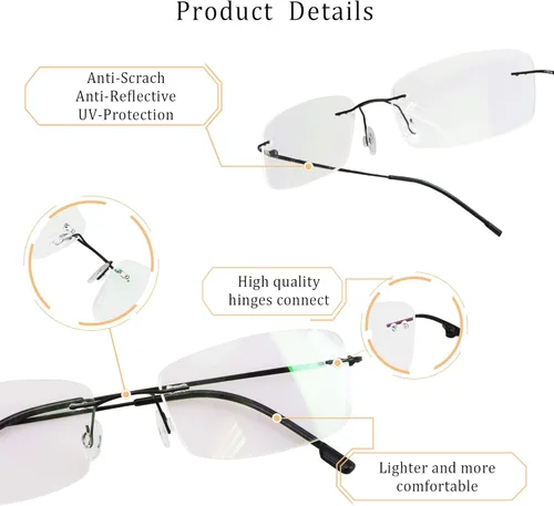 Miniatura 2 de LifeArt Lentes de lectura para computadora con bloqueo de luz azul, marco sin montura para hombre y mujer (negro, aumento de +2.25)