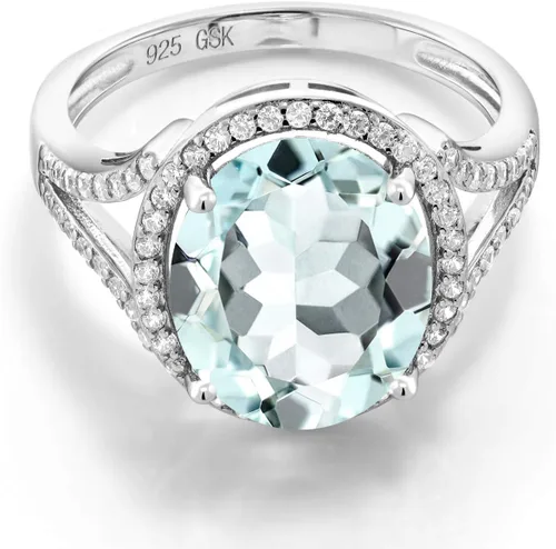 Miniatura 2 de Gem Stone King Anillo de compromiso de plata de ley 925 con aguamarina simulada azul cielo para mujer