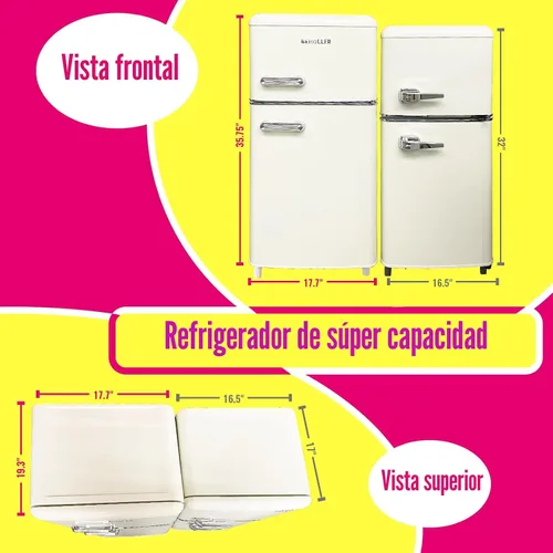 Miniatura 8 de DEMULLER - Refrigerador retro mini de 3.5 pies cúbicos, refrigerador pequeño con congelador superior, refrigerador compacto de tamaño para Blanco