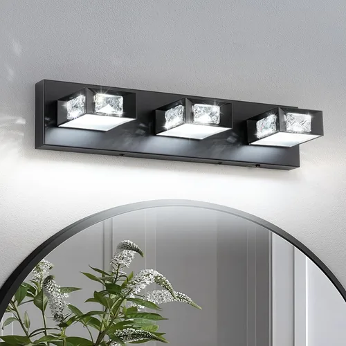 Miniatura 8 de Joossnwell Luces de baño de níquel cepillado sobre espejo (4 luces, 28 pulgadas), lámpara de tocador de cristal 5CCT regulable moderna LED