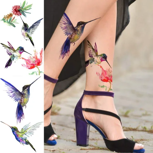 Miniatura 4 de 15 hojas de tatuajes temporales de colibrí de acuarela 3D de FANRUI para mujeres y niñas, pequeño, multicolor, colibrí, tatuaje, temporal, colorido