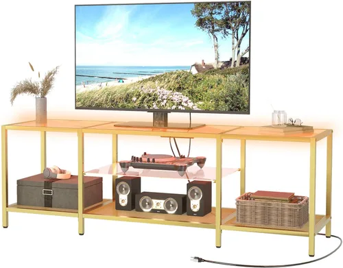 Miniatura 7 de HOOBRO Soporte de TV con luces LED y tomas de corriente para televisores de hasta 65 pulgadas, moderna mesa consola de TV de vidrio templado de 55