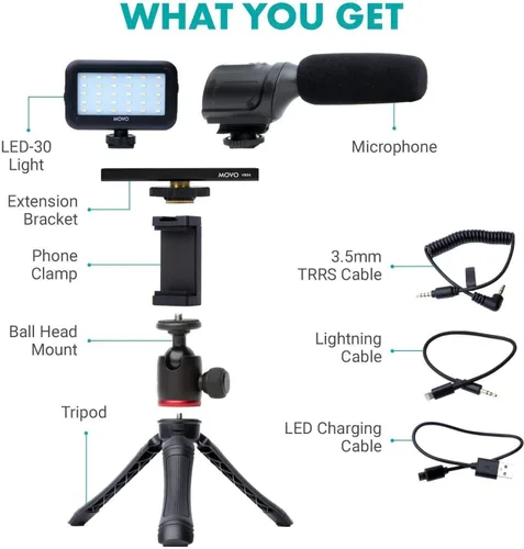 Miniatura 2 de Movo iVlogger - Kit de vlogging compatible con iPhone Android USB tipo C Accesorios para teléfono inteligente: trípode para teléfono, soporte