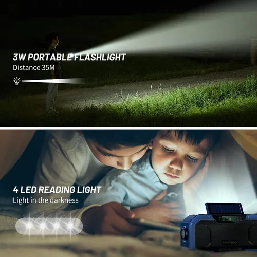 Miniatura 7 de Radio solar de emergencia con manivela Bluetooth, impermeable, portátil, NOAA, meteorológica, radio AM FM, cargador de teléfono, linterna de viento