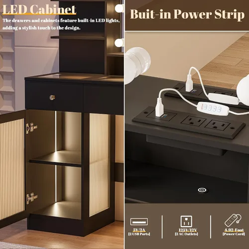 Miniatura 6 de INNOD Escritorio de tocador de 40 pulgadas con espejo grande y luces, moderno juego de tocador de maquillaje con tapa de vidrio con toma