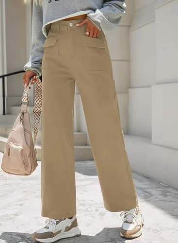 Miniatura 2 de Dokotoo Pantalones cargo para mujer, holgados, de pierna ancha, cintura alta, pantalones casuales de jean elásticos