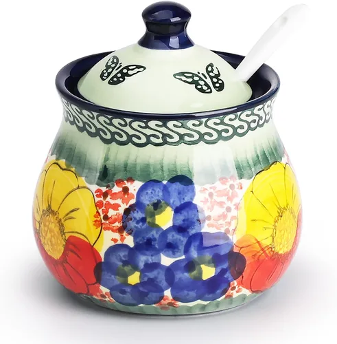 Miniatura 8 de Azucarero hecho a mano de Silesia con tapa y cuchara, jarra de azúcar de cerámica pintada a mano de 9 onzas para el hogar en caja de regalo