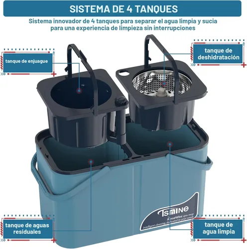 Miniatura 3 de Gen 1 Juego de fregona giratoria y cubeta de gran capacidad – para casas grandes y días de limpieza profunda, sistema de 4 cámaras que separa
