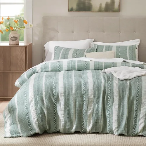 Miniatura 22 de Bedsure - Funda de edredón de algodón tamaño King - 100% algodón de tejido gofre color verde bosque, juego de ropa de cama GentleSoft™ transpirable