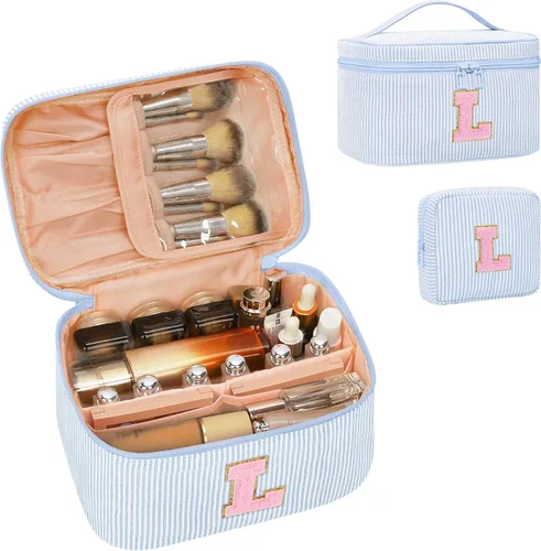 Miniatura 69 de Juego de bolsas de maquillaje con iniciales para niñas y mujeres, bolsa de cosméticos con monograma con soporte para cepillos, estuche de maquillaje