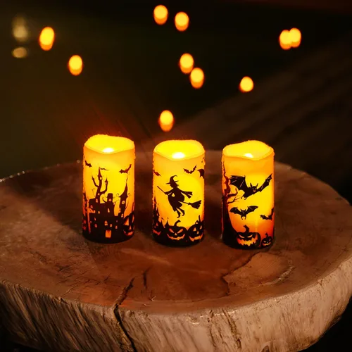Miniatura 7 de Homemory Velas de Halloween, velas sin llama naranjas, velas led de pilas impermeables para exteriores con calabazas impresas, con mando a distancia