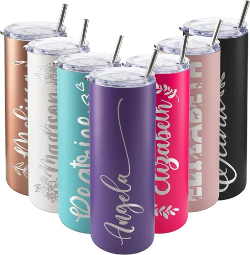Miniatura 40 de Vasos delgados personalizados con tapa, regalos para ella de 20 onzas, rosa intenso, 12 diseños, vaso grabado personalizado con nombre, tazas Rosa