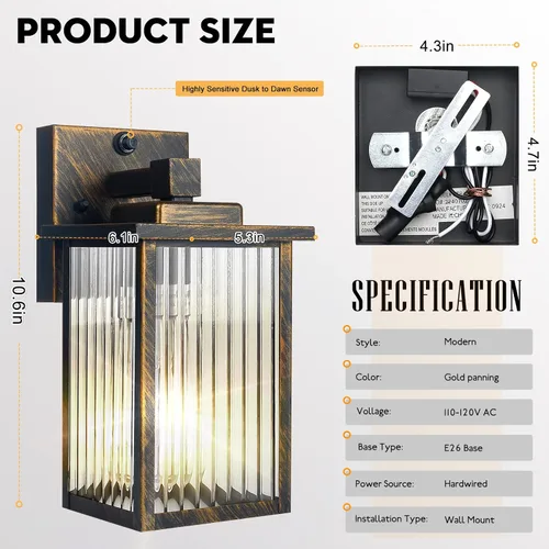 Miniatura 3 de Lámpara de pared para exteriores con sensor de anochecer a amanecer, luz exterior impermeable para porche de casa y garaje, aplique de pared