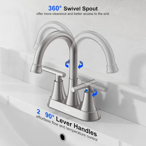 Miniatura 3 de Hurran - Grifos de baño para fregadero de 3 agujeros, grifo de fregadero de baño de níquel cepillado de 4 pulgadas con mangueras de drenaje 2