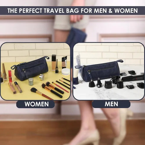 Miniatura 2 de Bolsa de maquillaje de cuero para mujer, bolsa de cosméticos de cuero genuino, bolsa de maquillaje hecha a mano con cremallera, bolsa de aseo Azul
