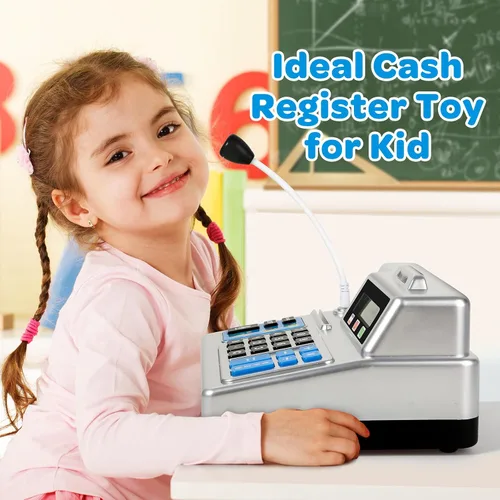 Miniatura 4 de Calculadora de caja registradora – Caja registradora de juguete de 103 piezas, juego de tienda con micrófono, tarjeta de crédito y banco para niños