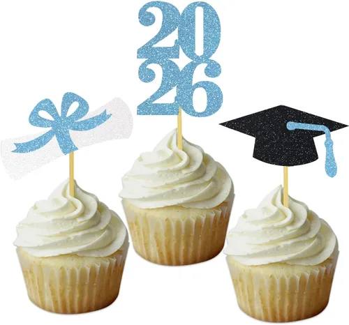 Miniatura 23 de Decoración para cupcakes de graduación, decoración de fiesta de graduación, selecciones de alimentos, felicitaciones, tapa de diploma con purpurina