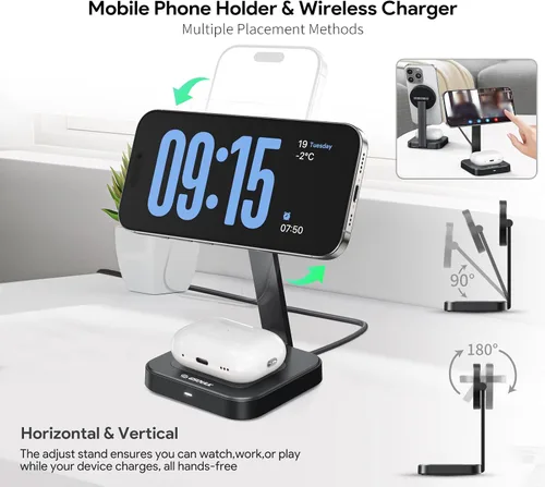 Miniatura 4 de Estación de carga inalámbrica magnética 2 en 1, soporte de cargador plegable para iPhone 17/16/15/14, almohadilla de carga AirPods, cargador