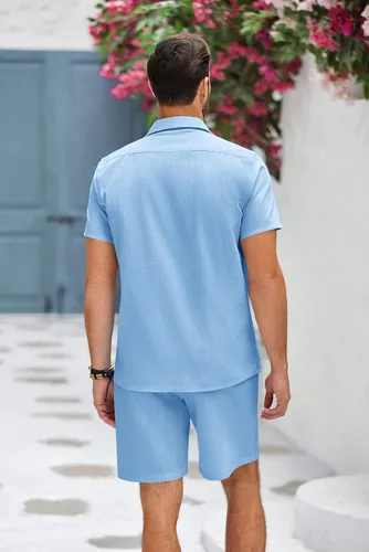 Miniatura 5 de COOFANDY Conjunto de ropa de lino azul para hombre, camisa de algodón de manga corta con botones y pantalones cortos de lino