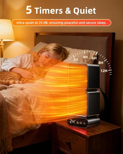 Miniatura 5 de Calentador portátil de doble cabezal, rotación manual de 270°, oscilación automática de 45°/90°/120°, calentador de escritorio de bajo consumo