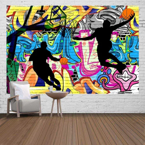 Miniatura 11 de Ine Ive Tapiz deportivo de baloncesto con graffiti nostálgico, póster de pared de arte callejero de 40 x 30 pulgadas para niños, silueta de tiro