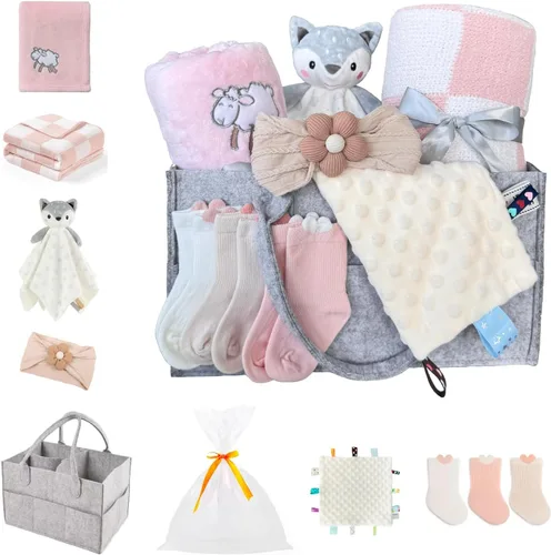 Miniatura 17 de CREVENT Set de regalo de bienvenida para bebé con cesta de almacenamiento con 2 mantas + 1 manta de seguridad + 1 etiqueta + 1 bolsa de regalo