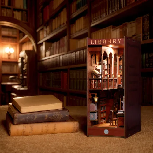 Miniatura 4 de Dolphin Island Kit de rincón de libros en miniatura para adultos, rompecabezas de madera 3D, estante de biblioteca, decoración de diorama, regalos