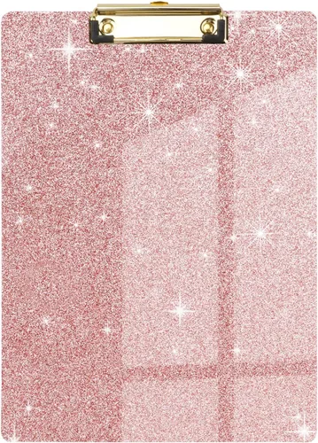 Portapapeles acrílico, tablero rígido rosa con purpurina para mujeres y niñas, tablero de clip tamaño carta Stardard con clip dorado de perfil bajo