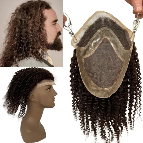 Voloria Reemplazo de cabello humano rizado rizado de 12 pulgadas para hombres, encaje mono y poliuretano alrededor con encaje suizo frontal de 10 x