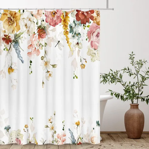 Miniatura 16 de Tititex Blomming - Cortina de ducha floral blanca brillante, hojas verdes acuarela en la parte superior, decoración de baño de planta