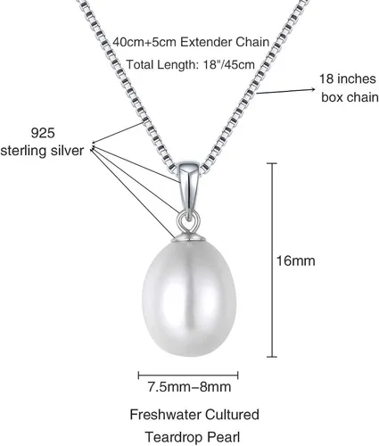Miniatura 2 de Collar con colgante de perlas cultivadas de agua dulce de plata de ley 925 para mujeres y niñas, dije de lágrima con colgante de perlas chapadas